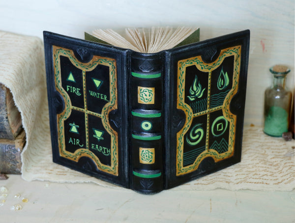 Small alchemic leather journal with painted decoration, Green and gold on black antiqued leather - Four Elements of the Universe