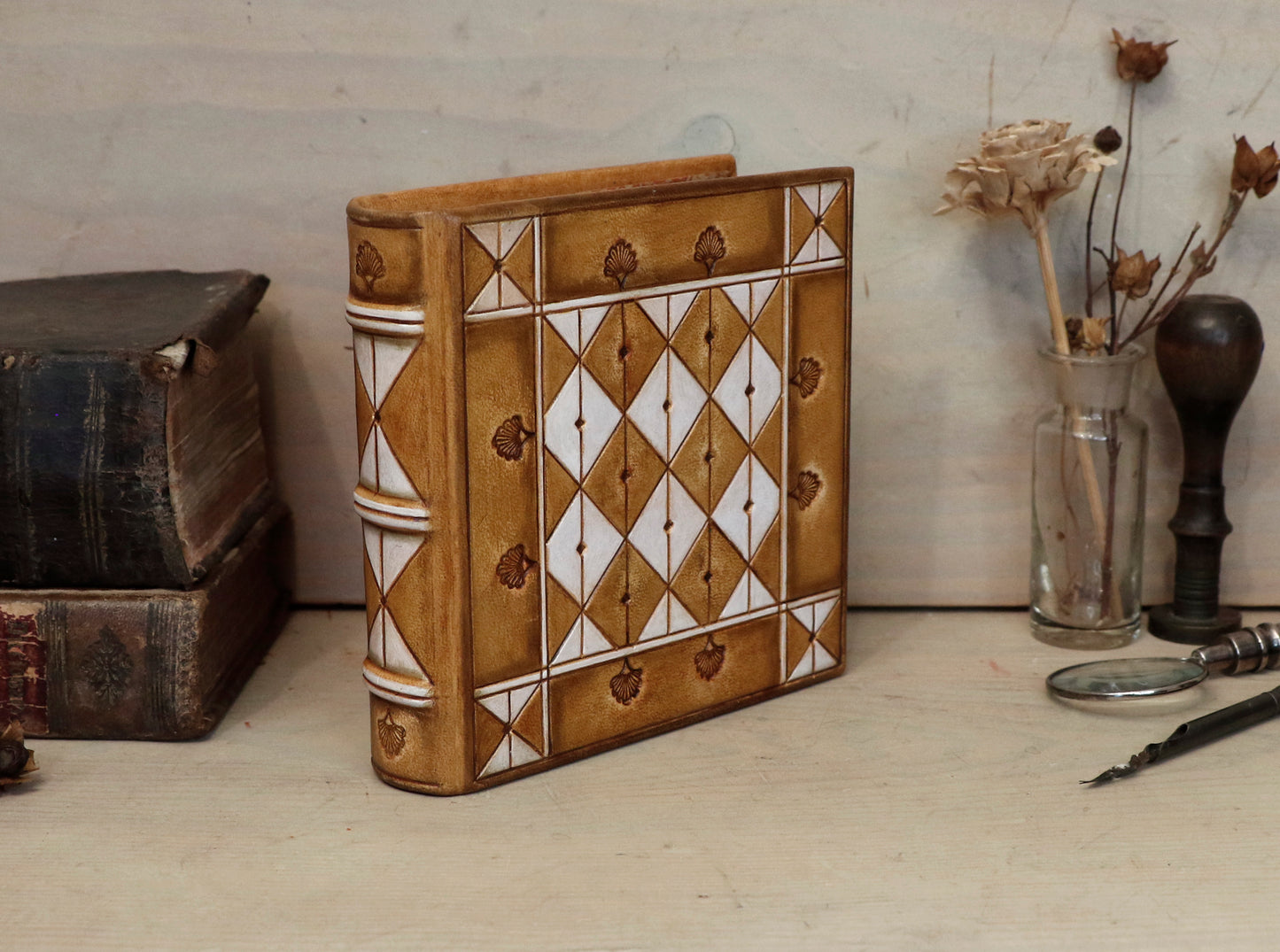 Brown leather journal with hand tooled and painted decoration - Morning Thoughts