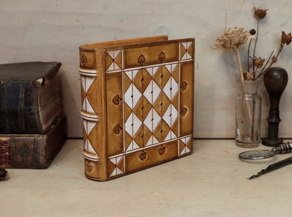 Brown leather journal with hand tooled and painted decoration - Morning Thoughts