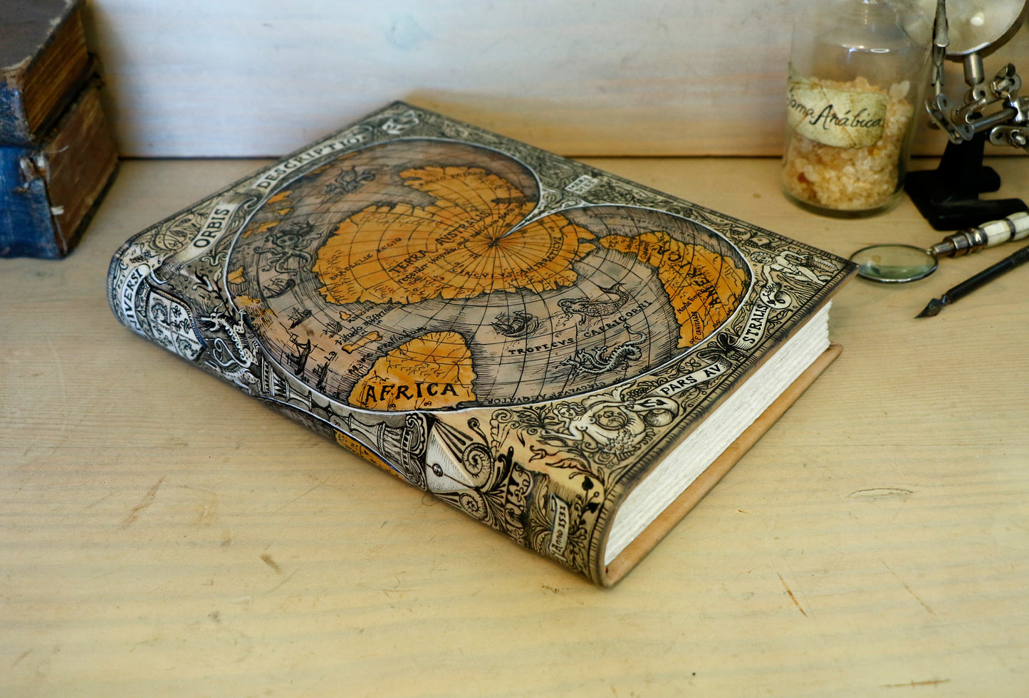Handpainted leather journal, "Universi Orbis Descriptio", Double Heart Shaped Map Projection, One of a Kind