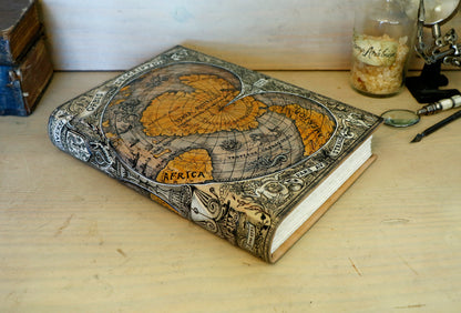 Handpainted leather journal, "Universi Orbis Descriptio", Double Heart Shaped Map Projection, One of a Kind