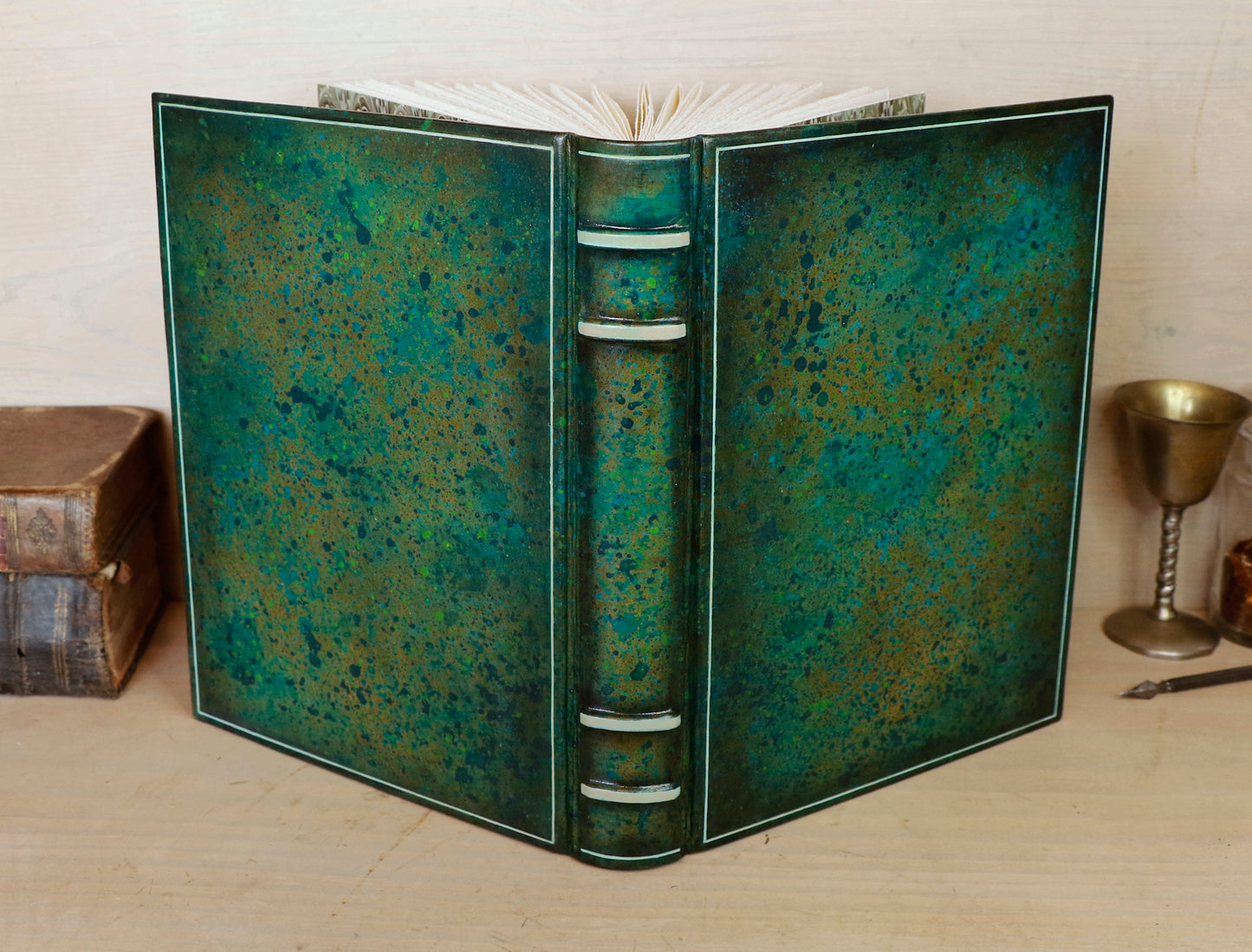 One of a kind green leather journal with handpainted decoration - A Garden in Bloom