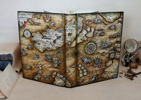 Handpainted leather journal, Artist paper, "Carta Marina". One of a Kind