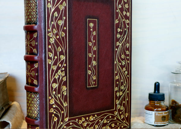 Burgundy leather journal with hand tooled gold decoration, Precious Moments