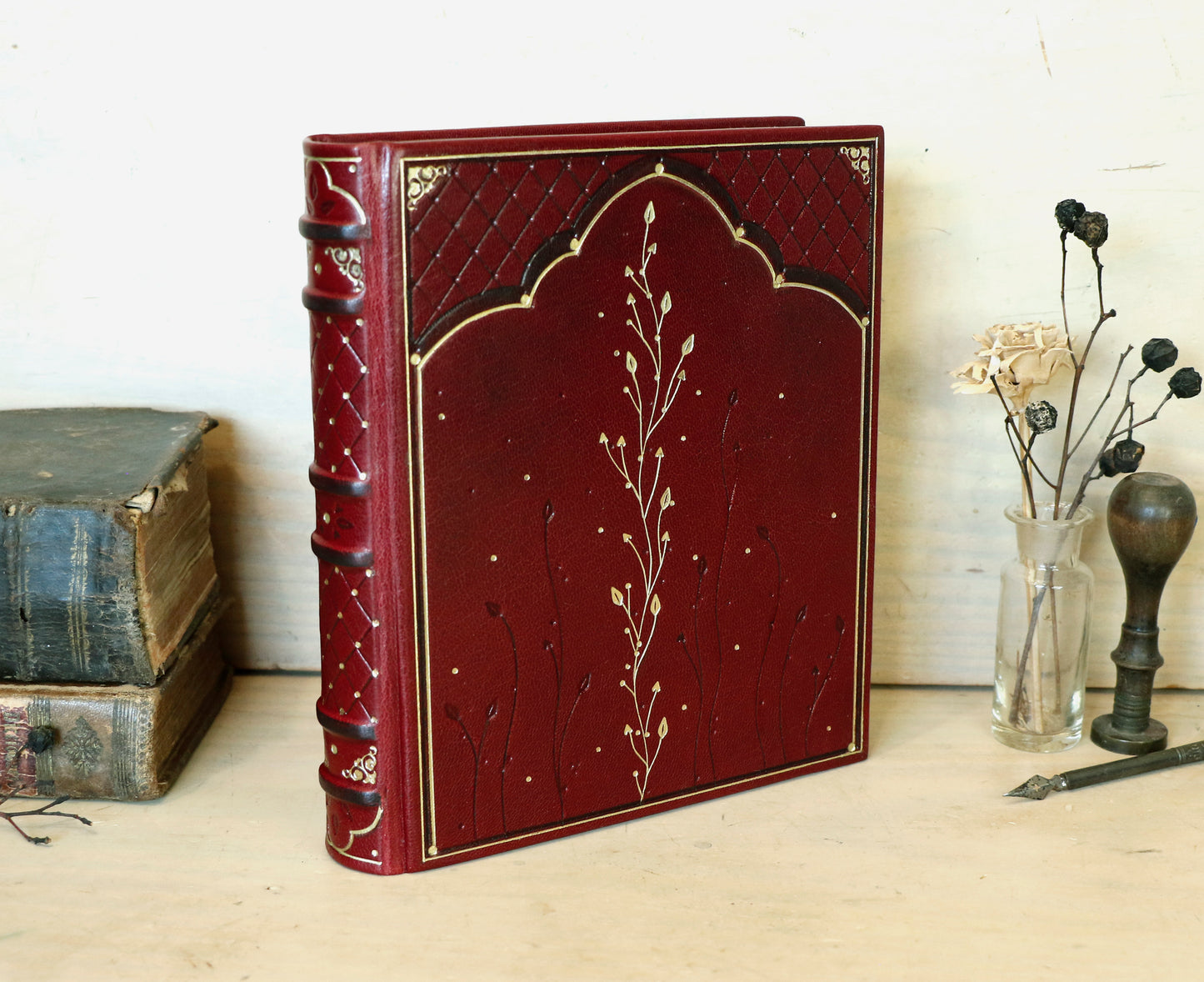 Red Leather Journal with Gilded Edges, Gold, Hand Tooled Decoration - The Temple of Love