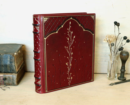 Red Leather Journal with Gilded Edges, Gold, Hand Tooled Decoration - The Temple of Love