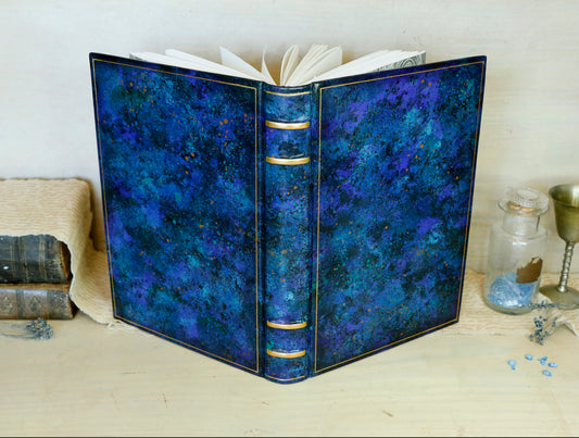 Blue leather journal with hand marbled decoration - Ocean Waves