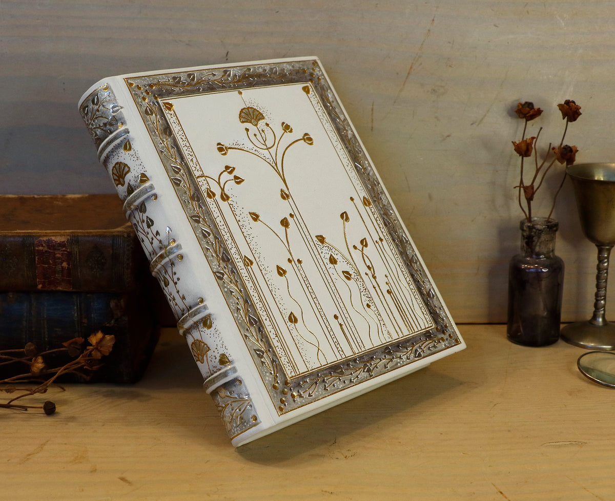 Ivory Dreams. White leather journal with gold and silver tooled decoration. One of a kind.