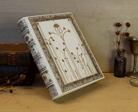 Ivory Dreams. White leather journal with gold and silver tooled decoration. One of a kind.