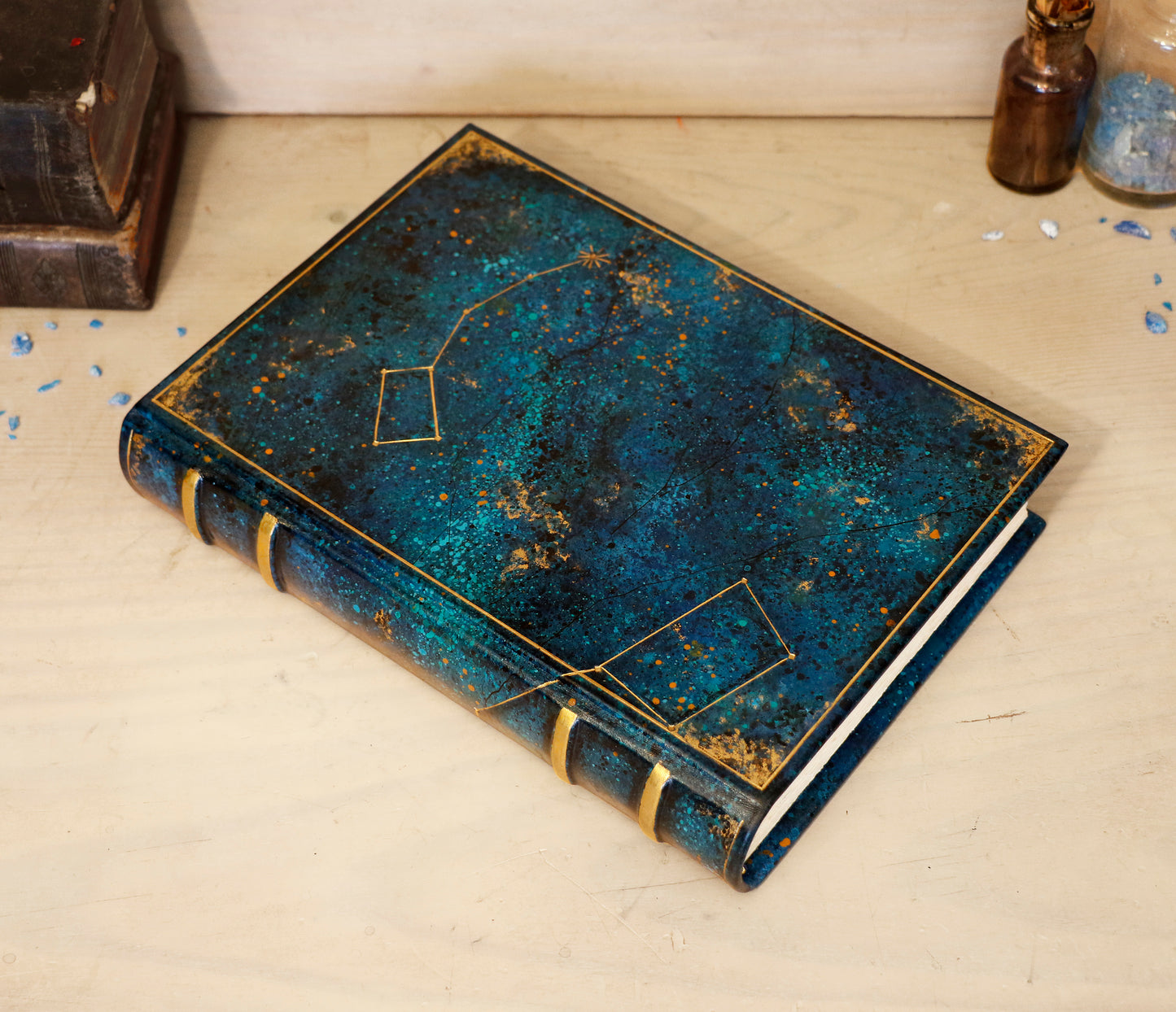 Polaris. Blue leather journal with hand marbled decoration. One of a Kind