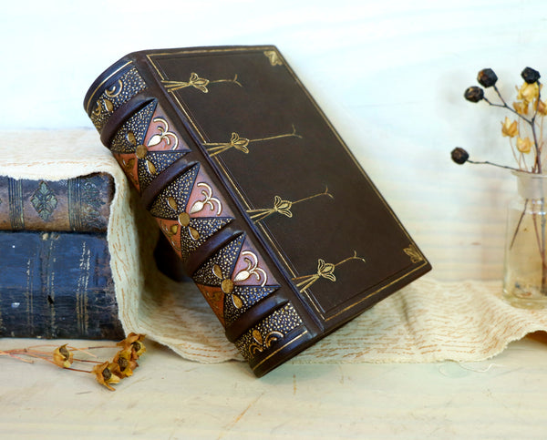 Leather journal with painted edges. Gold tooled and hand painted decoration. Secret Treasure