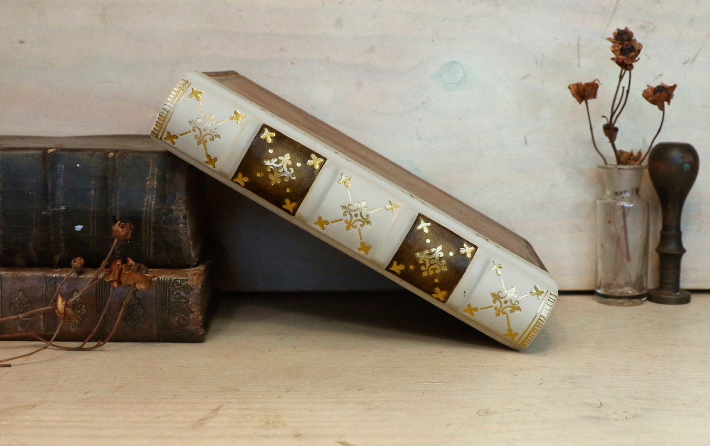 Vintage leather journal, Brown and white leather with Gold tooled decoration. The Book of Light