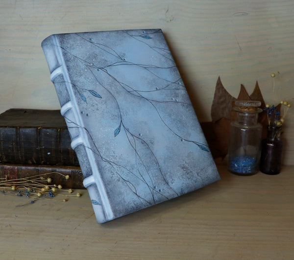 Light blue leather journal with tooled and painted decoration. One of a kind. Azure Mist