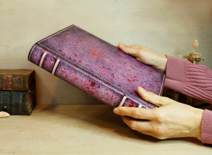 Antique pink leather journal with hand marbled decoration - An Old Romance