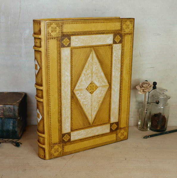 Antiqued yellow leather journal with tooled decoration. Romantic Sunset II
