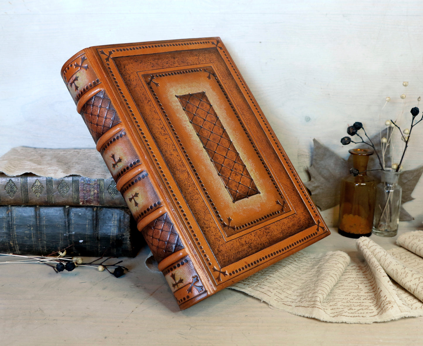 Orange and Brown Leather Journal with hand tooled decoration - Copper Shine