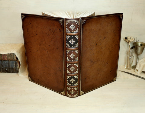 Vintage leather journal, old brown leather, Gold tooled decoration. Once Upon a Time