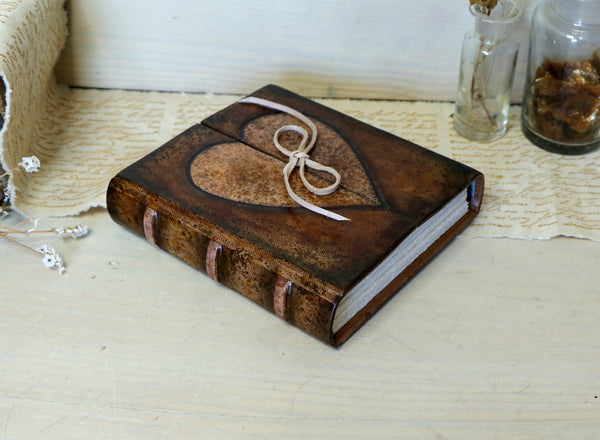 Heart Book - Brown Leather Journal with painted decoration - "With Love"