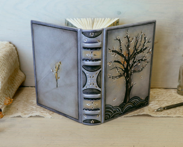Antiqued grey leather journal with tooled decoration. The Silver Tree. One of a Kind