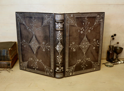 Grey Leather Journal with Silver tooled floral decoration. Moonlight Song