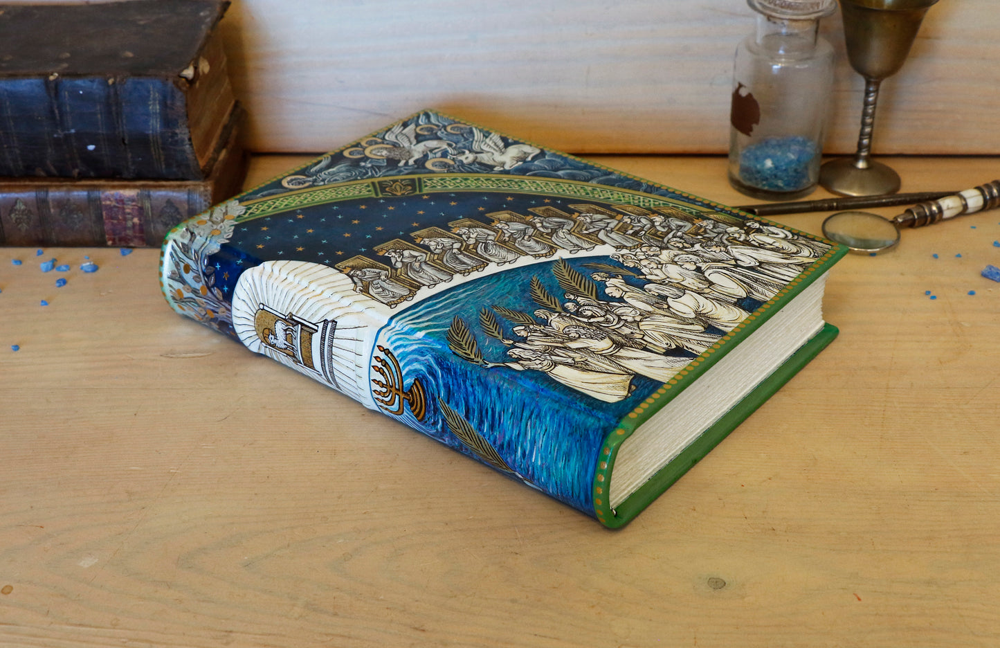 Hand painted blank book, White Leather Journal, Revelation 7, The Heart of the Spiritual Heaven