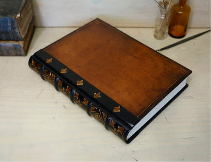 Antiqued leather journal, brown leather, Gold tooled decoration. Once Upon a Time