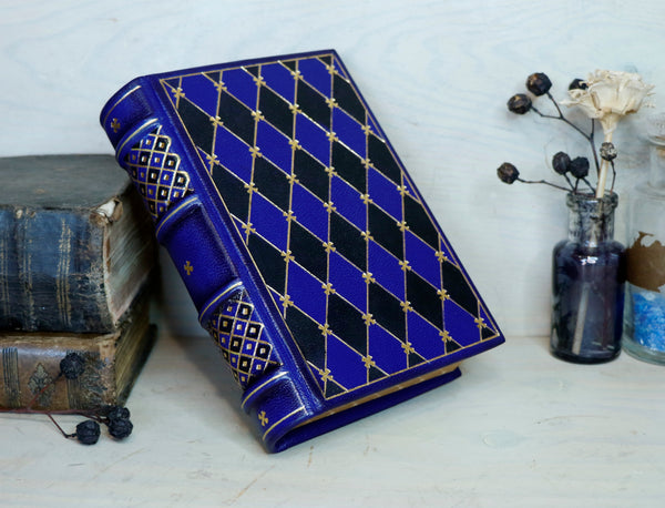 Blue leather journal with Gold tooled decoration in diamond pattern and Gauffered edges - La Vie en Bleu