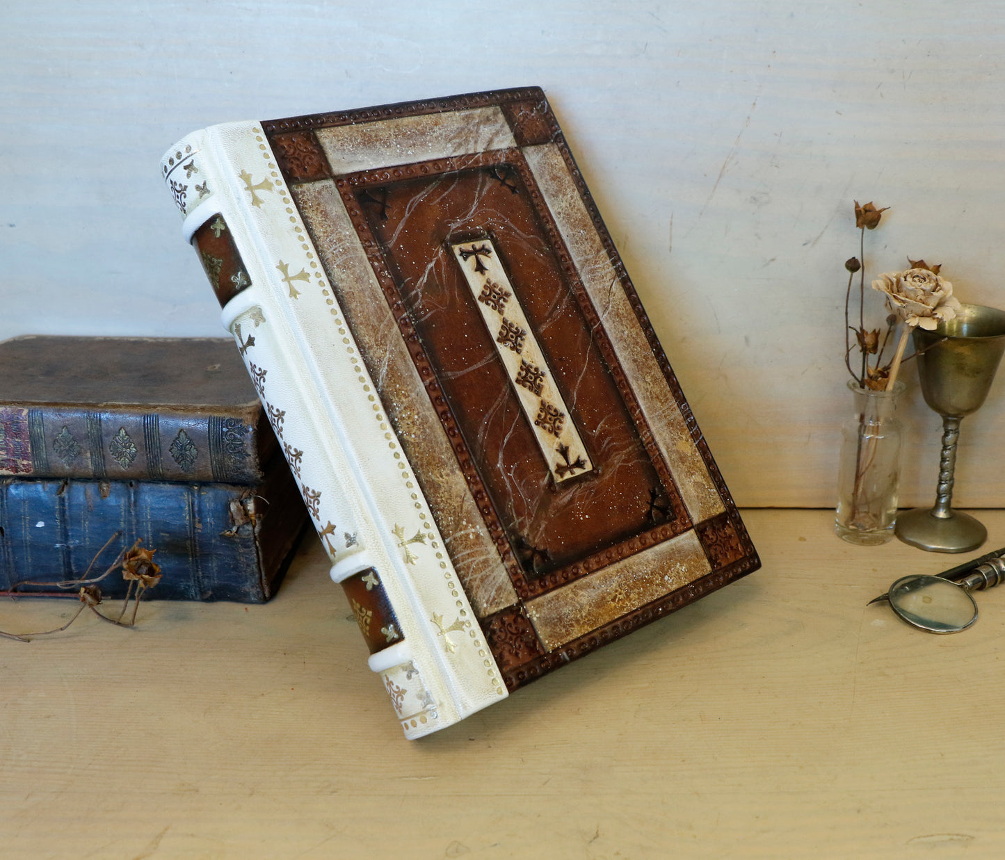Brown Red Leather Journal with Tooled Decoration, White leather spine - Sienna Sunset
