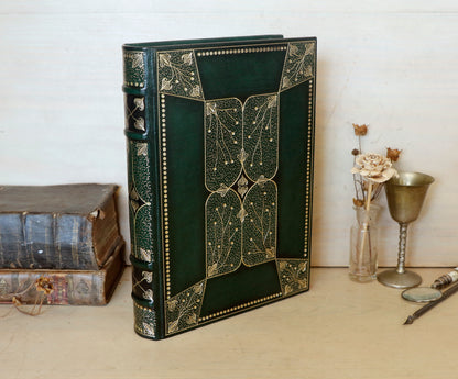 Dark Green Leather Journal with Gold Tooled Decoration. Romantic Journey