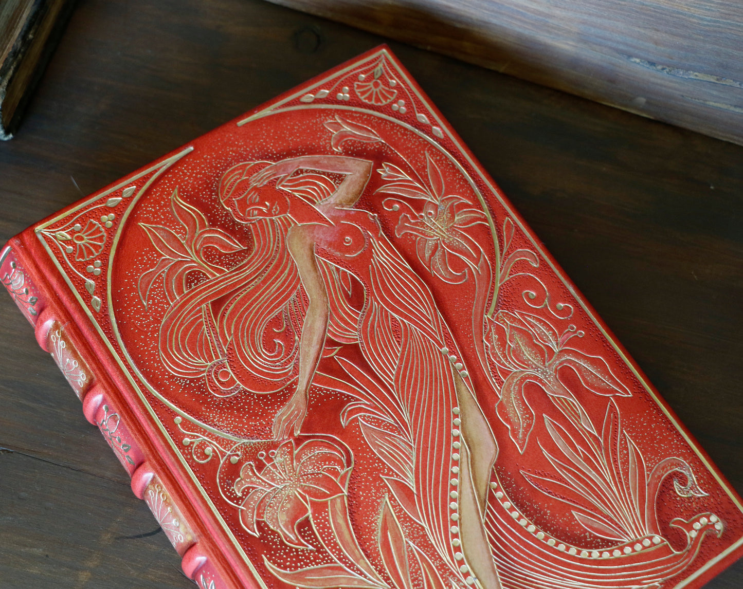 Vermillion Leather Journal, Hand tooled with gold foil, The Nymph's Garden