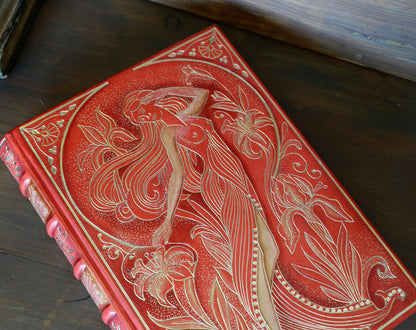 Vermillion Leather Journal, Hand tooled with gold foil, The Nymph's Garden