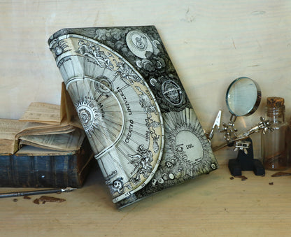 Handpainted Leather Journal, One of a Kind blank book on astrology with Copper Engraved Bookmark - Creatio Universi / The Creation of the Universe
