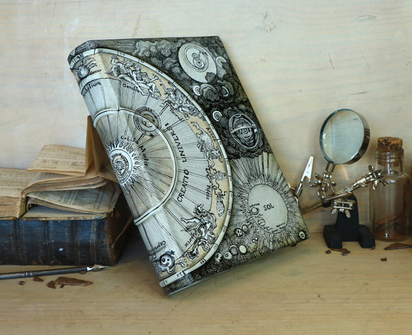 Handpainted Leather Journal, One of a Kind blank book on astrology with Copper Engraved Bookmark - Creatio Universi / The Creation of the Universe