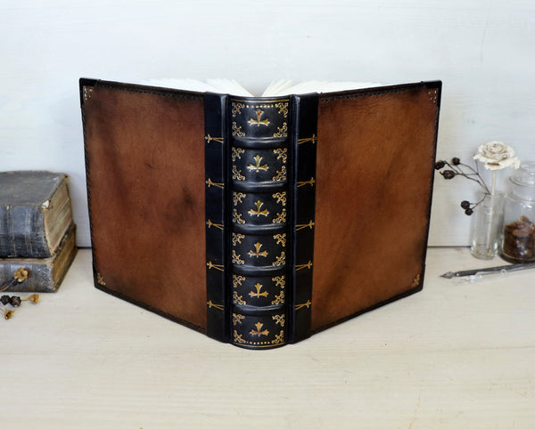 Vintage leather journal, Reclaimed brown leather, Gold tooled decoration. Once Upon a Time