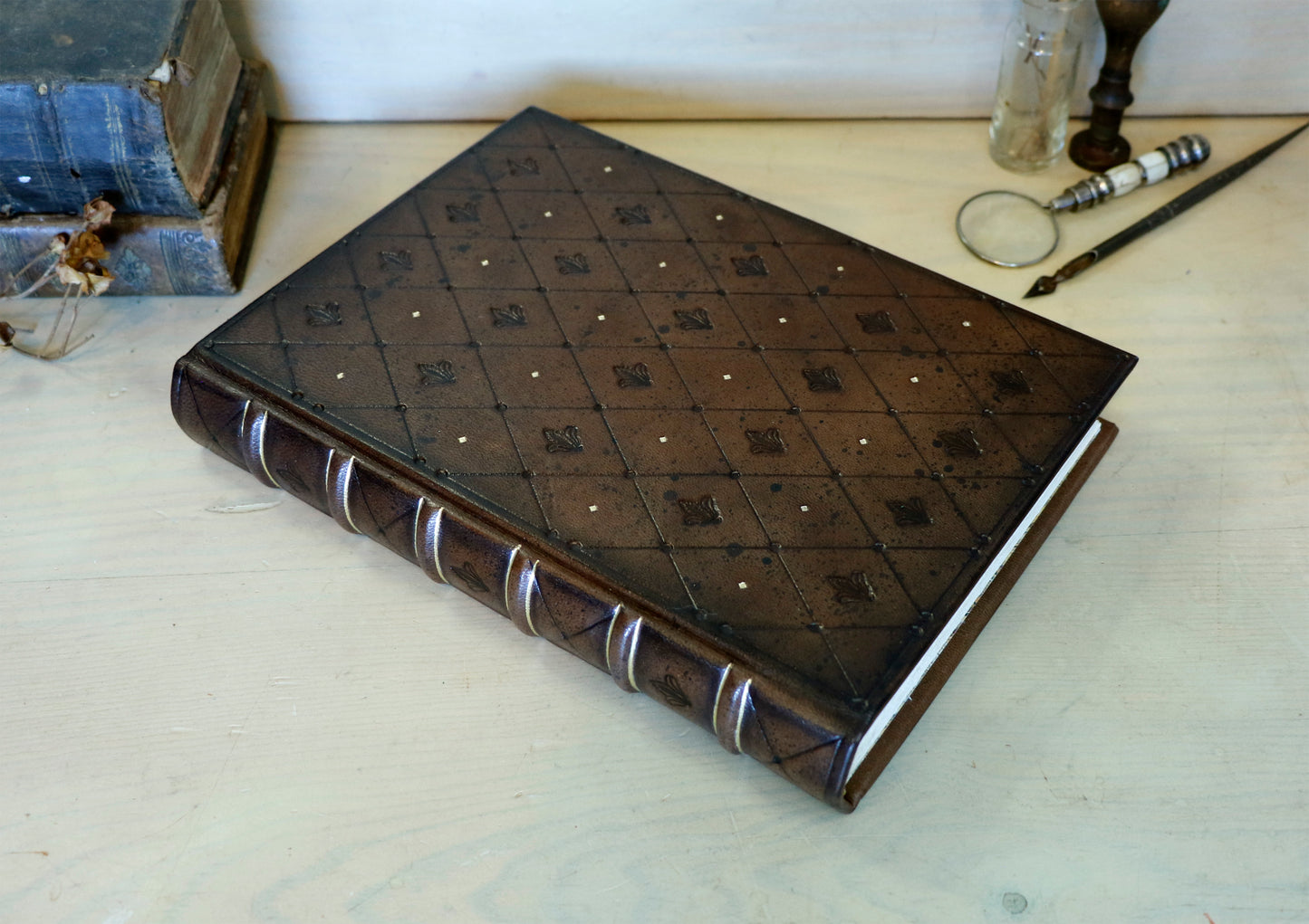 Brown leather journal with tooled diamond decoration. One of a Kind.