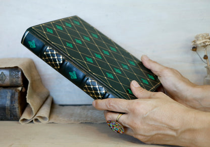 Dark Green Leather Journal with gold and green tooled decoration. Emerald Garden