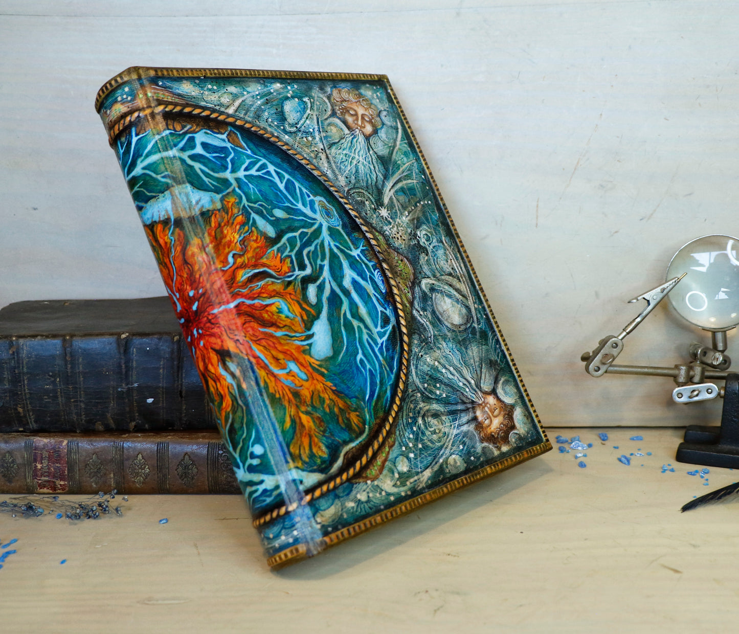Hand-painted Leather Journal, One of a Kind blank book - Mundus Subterraneus, Aquatic System