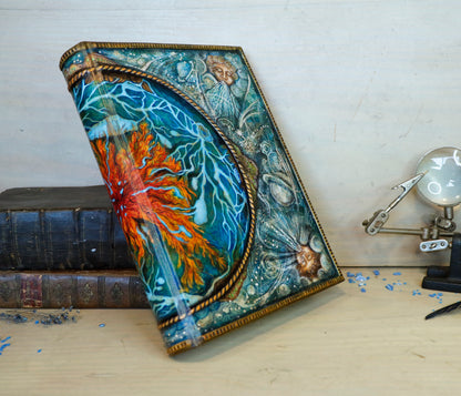 Hand-painted Leather Journal, One of a Kind blank book - Mundus Subterraneus, Aquatic System