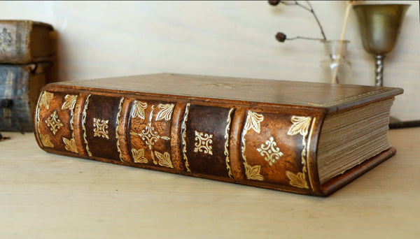 Hand Marbled Leather Journal, Worn brown with gold tooled decoration, Always Remember