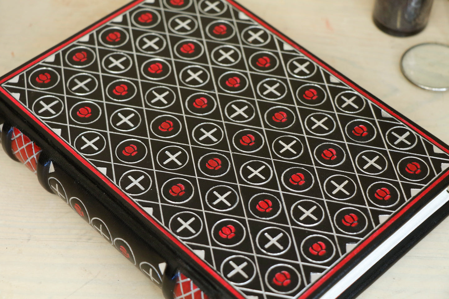 Black Leather Journal with silver and red tooled decoration - The Black Reliquary