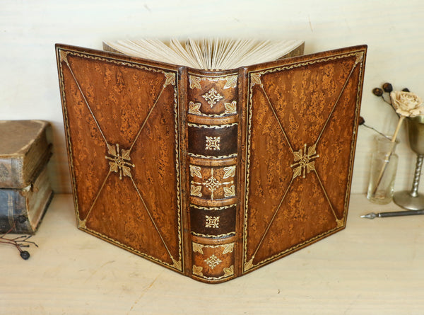 Hand Marbled Leather Journal, Worn brown with gold tooled decoration, Always Remember