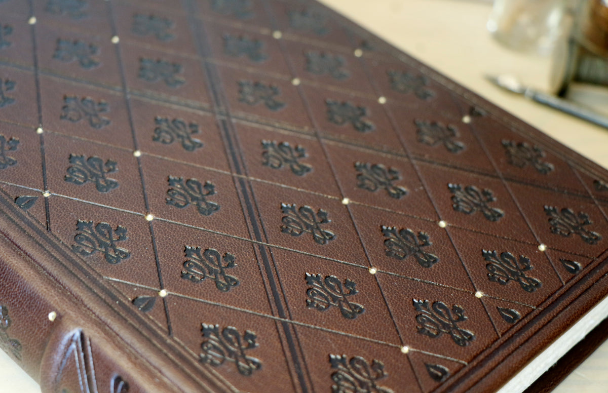 Brown leather journal with blind tooled decoration. One of a Kind. Dark Chocolate