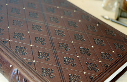 Brown leather journal with blind tooled decoration. One of a Kind. Dark Chocolate