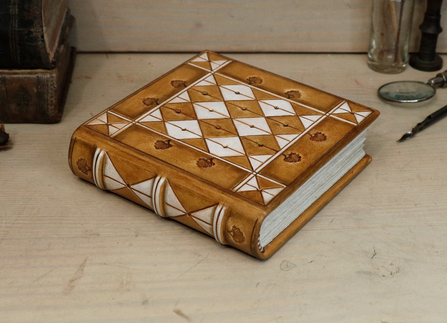 Brown leather journal with hand tooled and painted decoration - Morning Thoughts