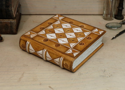 Brown leather journal with hand tooled and painted decoration - Morning Thoughts