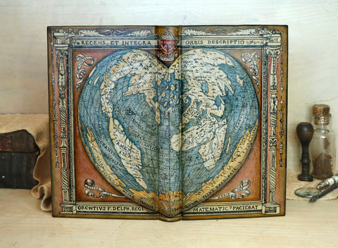 Handpainted leather journal, "Orbis Descriptio", Heart Shaped Map Projection, One of a Kind