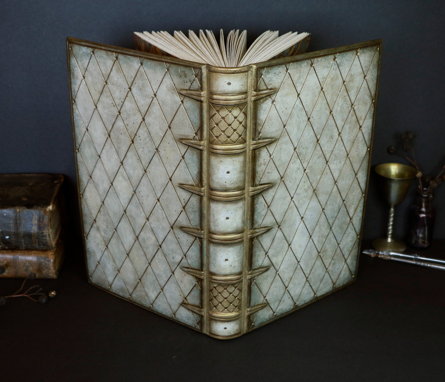 Large leather journal, Antiqued gold and white diamond pattern, tooled decoration - Ancient Tales