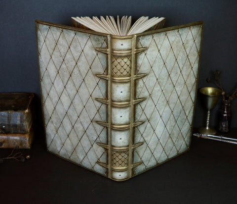 Large leather journal, Antiqued gold and white diamond pattern, tooled decoration - Ancient Tales