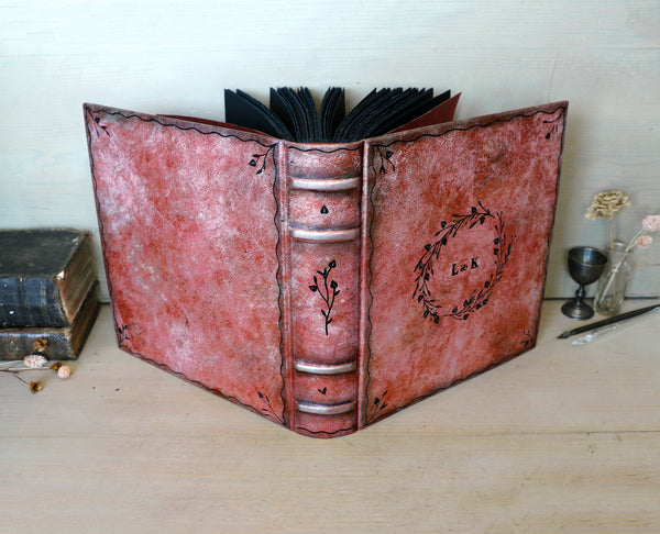 Photo album / Scrapbook / Guestbook, Silver red leather with floral decoration, Custom Monogramming