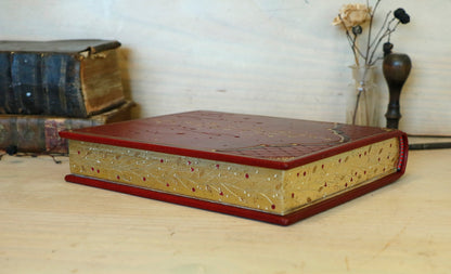 Red Leather Journal with Gilded Edges, Gold, Hand Tooled Decoration - The Temple of Love